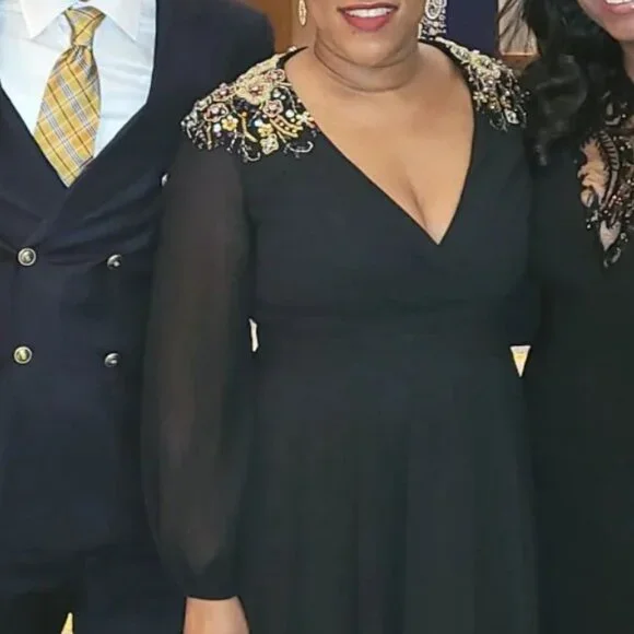 Black Embellished Shoulder Blouson Sleeve Evening Gown - Picture 6 of 6